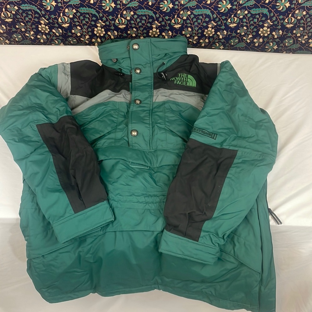 Green and black Retro North face backcountry extreme gear winter coat.